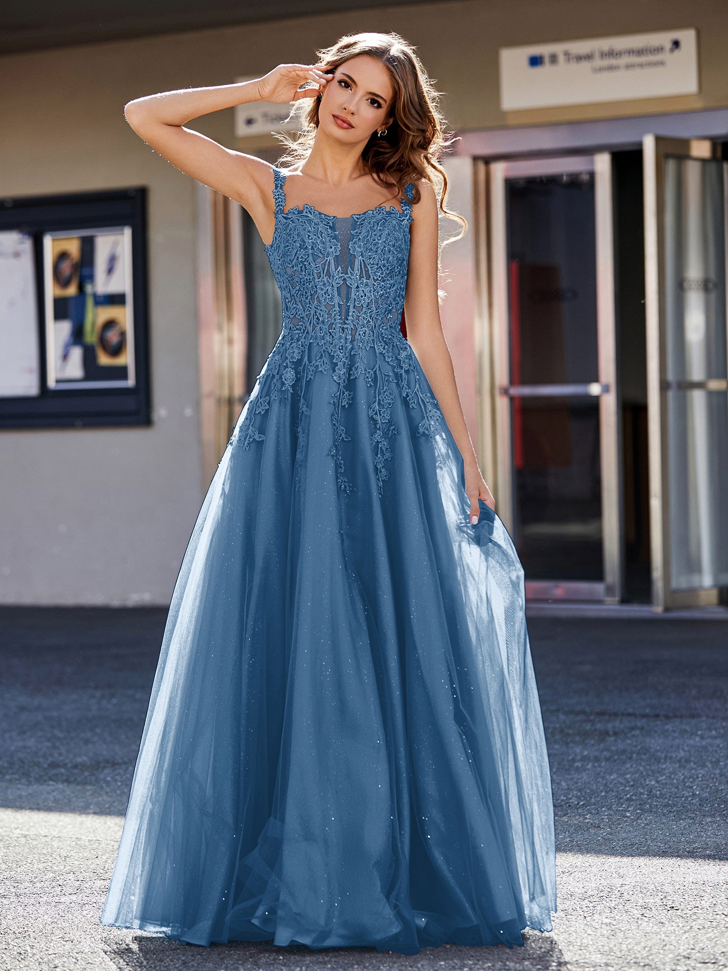 A-line Square Floor length Tulle Prom Dresses Ink Blue